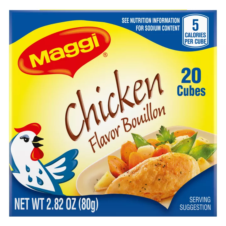 Box of MAGGI Chicken Bouillon 20 cubes with an illustrated chicken on dark blue and yellow label.