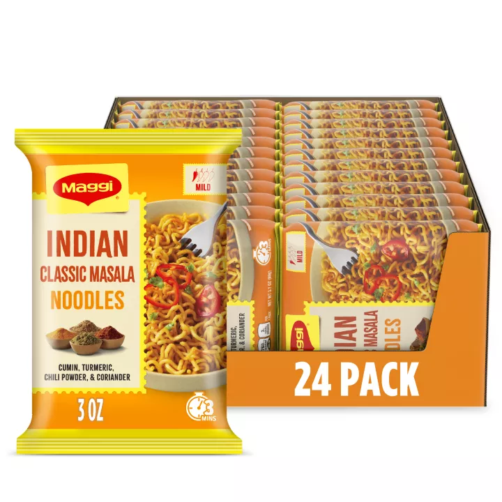 Front Center view of MAGGI Mild Indian Classic Masala Noodles 24x3.1oz 24 / 3 OZ (89 g) PACKSNET WT 75.3 oz (4 lb 11.3 oz) 2.13 kg product.
