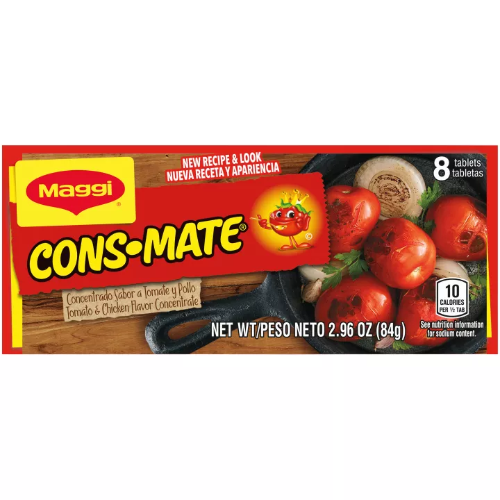 Vista frontal centrada de envase de Concentrado Maggi Consmate sabor Tomato and Chicken con PESO NETO 2.96 oz (84 g).