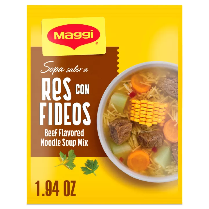 Yellow packet with Maggi logo and brown label on left side. Large pot of beef noodle soup sits to the right of the labels.