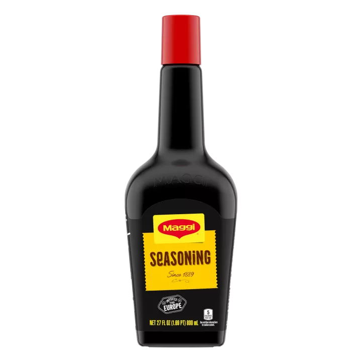 Package of MAGGI Liquid European Seasoning with bright yellow and red label and imported from Europe badge.