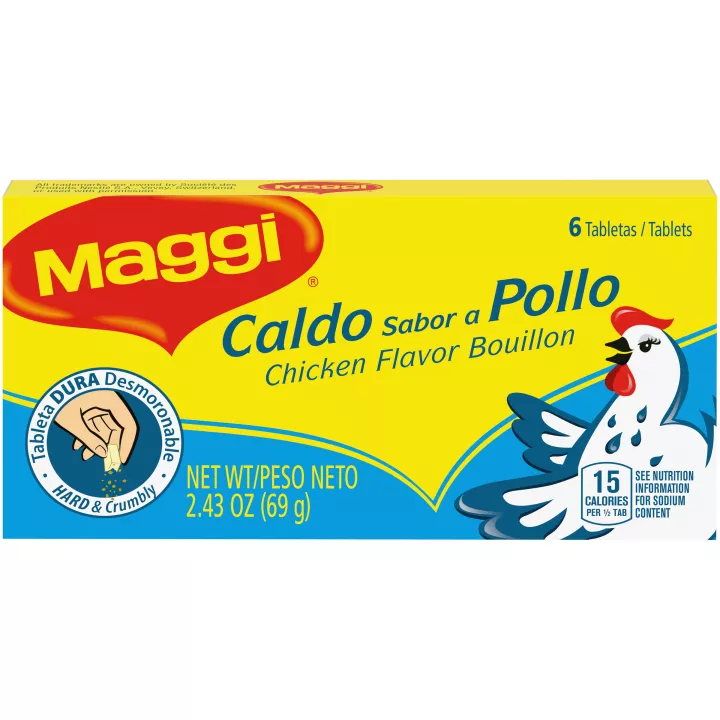 Front view of packaging for MAGGI Chicken Bouillon 6 Hard Tablets with an illustrated chicken on dark blue and yellow label.
