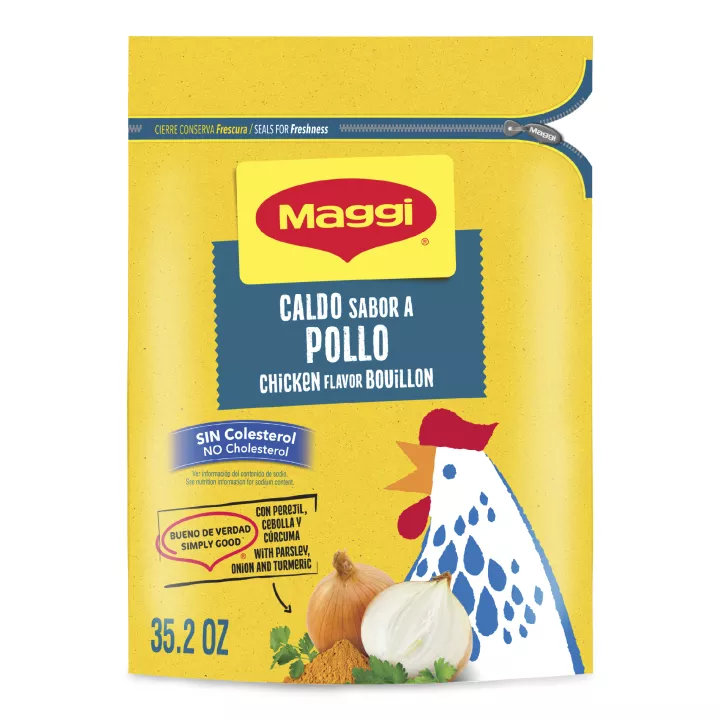 Stand-up pouch of Granulated Chicken Bouillon with a yellow label, illustrated chicken, and Seals For Freshness callout.