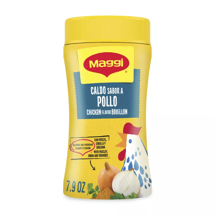 Canister of Granulated Chicken Bouillon with a yellow label and an illustrated chicken carrying a basket.