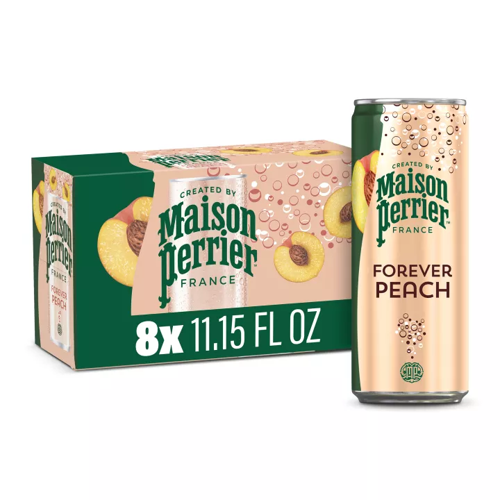 Front view of Maison Perrier Peach Flavored Sparkling Water, 11.15 FL OZ Can (8 count).