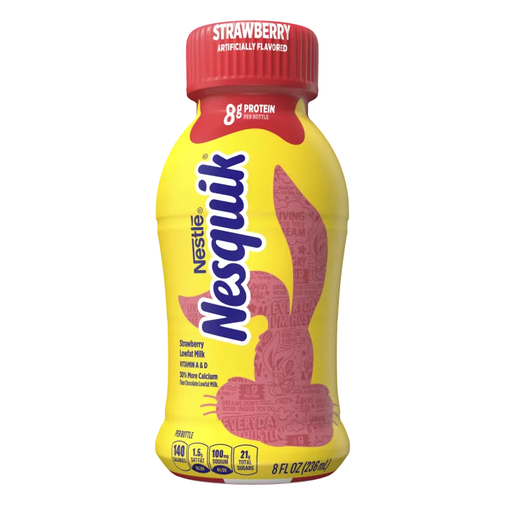 A yellow bottle with a red cap and a red silhouette of the Nesquik bunny’s head.