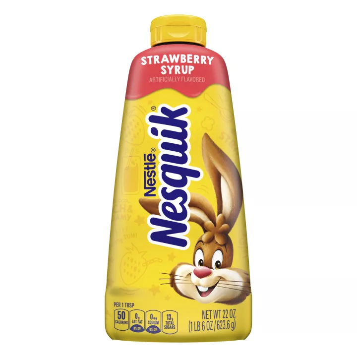 A yellow squeeze bottle with a blue cap, the Nesquik bunny, and red labels surrounding the bunny.