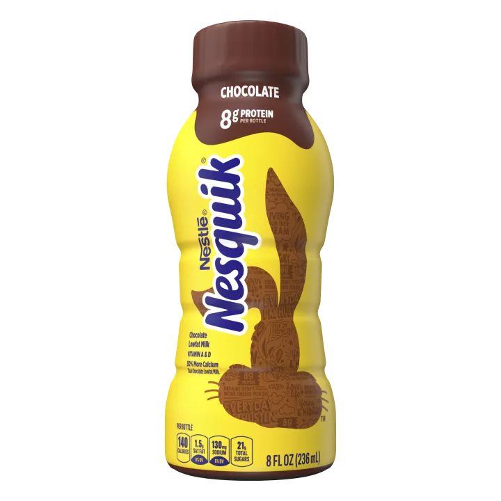 A yellow bottle with a brown cap and the brown silhouette of the Nesquik bunny’s head.