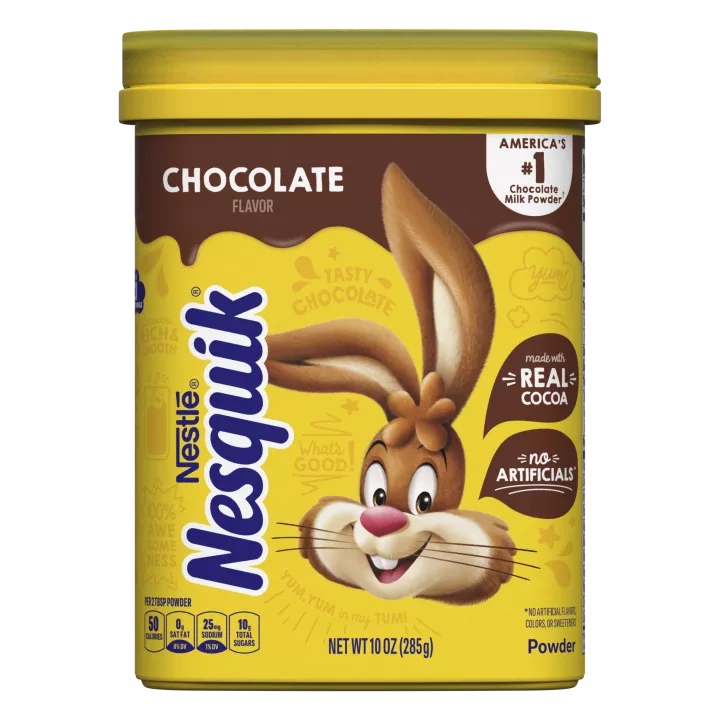 A yellow container with the Nesquik bunny, a brown label, and a glass of chocolate milk.