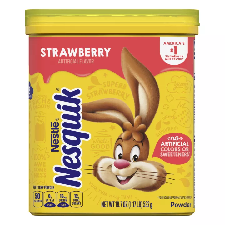 A yellow container with the Nesquik logo and bunny and a red label on the top.