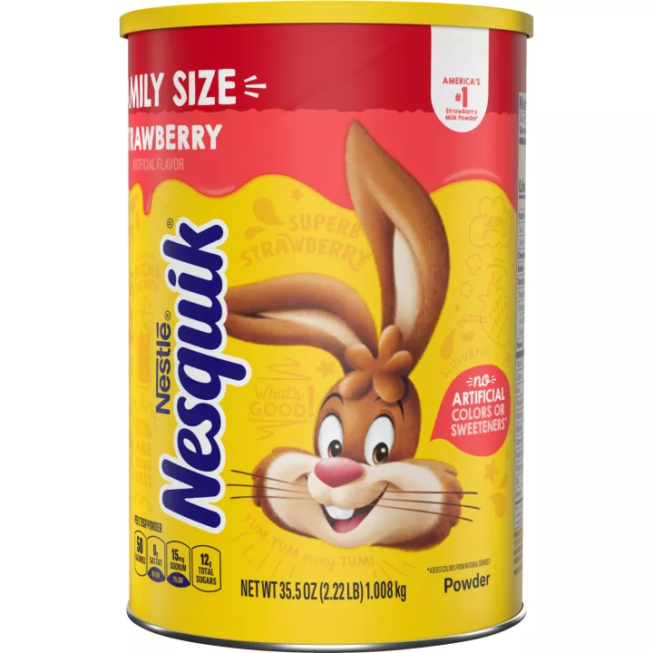 A yellow container with the Nesquik bunny and a red label on the top.