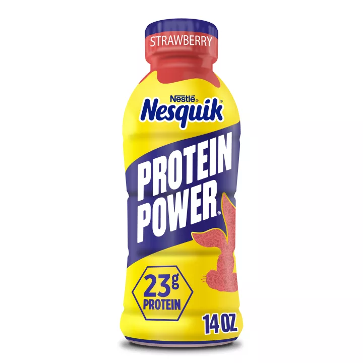 A yellow bottle with a red cap, a "PROTEIN POWER" label and a red silhouette of the Nesquik bunny's head.