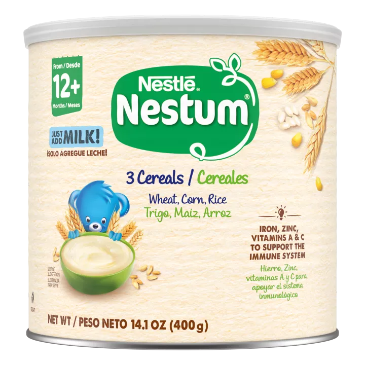 Vista frontal de Nestum 3 Cereales Lata de 14.1 oz PESO NETO 14.1 OZ (400 g).