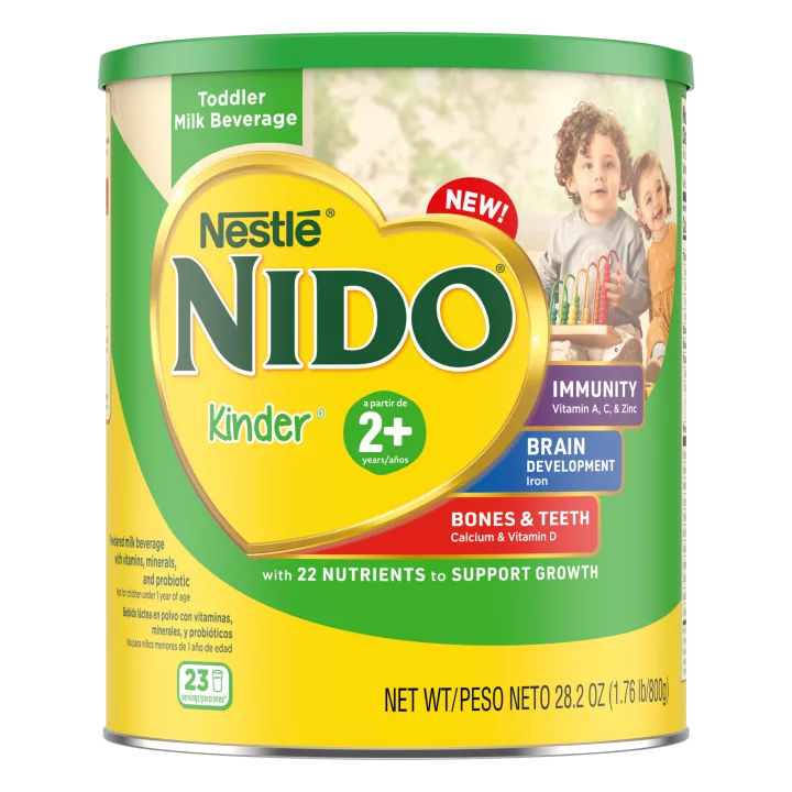 Front Center view of NIDO 2+ Powdered Milk Beverage 28.2 oz. Canister NET WT 28.2 OZ (1.76 lb / 800 g) product.