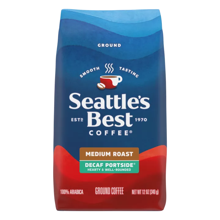 Front Center view of SEATTLE'S BEST COFFEE Decaf Portside Blend Ground Coffee 12oz Bag NET WT 12 OZ (340 g) product.
