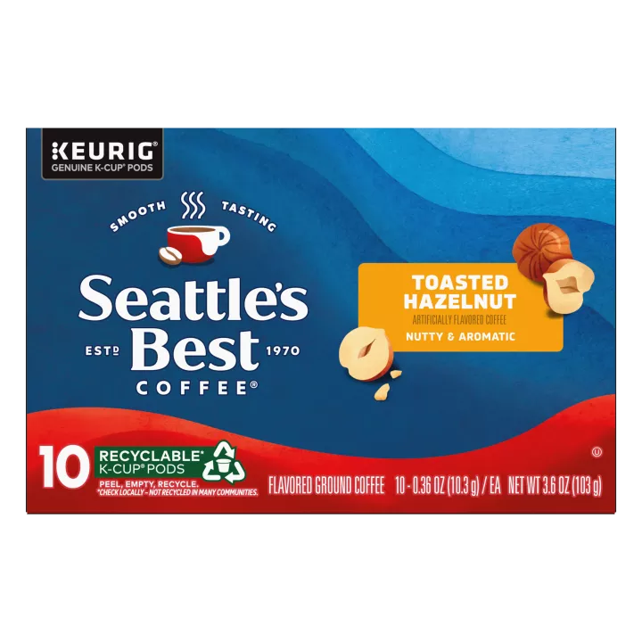 Front Center view of SEATTLE'S BEST COFFEE Hazelnut Ground Coffee K-Cup Pods 10 Count 3.6oz Box product.