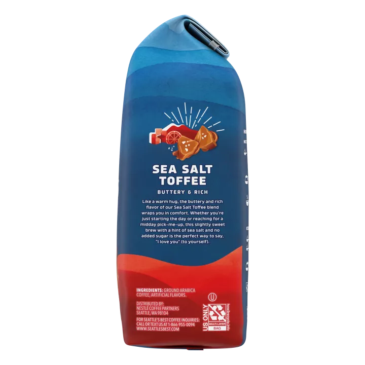 Front Right view of SEATTLE'S BEST COFFEE Sea Salt Toffee Ground Coffee 11oz Bag product.