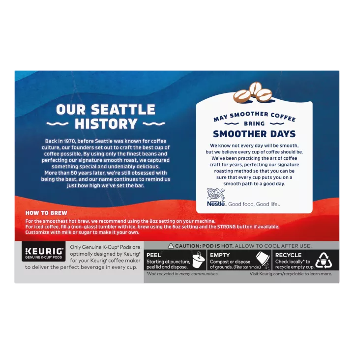 Front Left view of SEATTLE'S BEST COFFEE Sea Salt Toffee Flavored Ground Coffee KCup Pods 10 Count 3.8oz Box product.