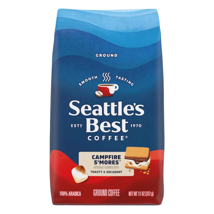 Front Center view of SEATTLE'S BEST COFFEE Campfire Smores Ground Coffee 11oz Bag product.