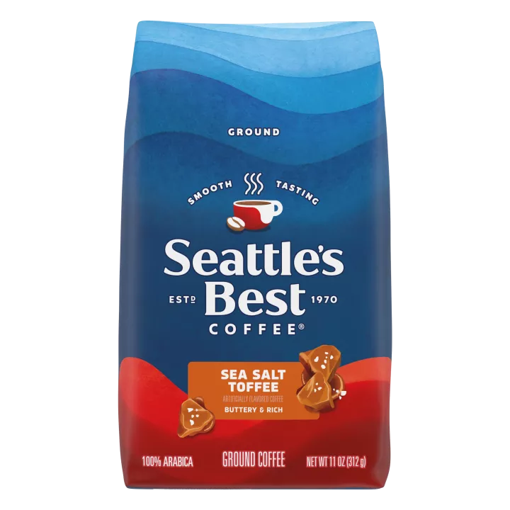 Front Center view of SEATTLE'S BEST COFFEE Sea Salt Toffee Ground Coffee 11oz Bag product.