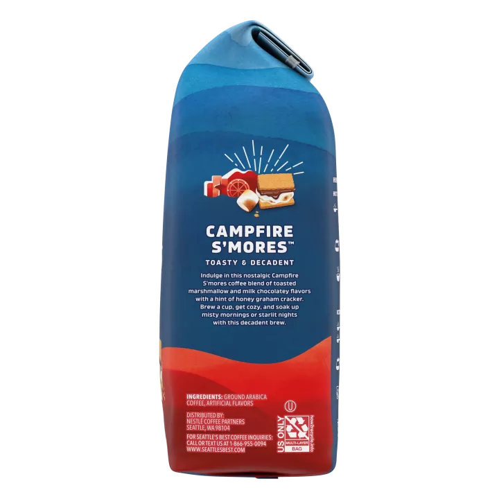 Front Right view of SEATTLE'S BEST COFFEE Campfire Smores Ground Coffee 11oz Bag product.