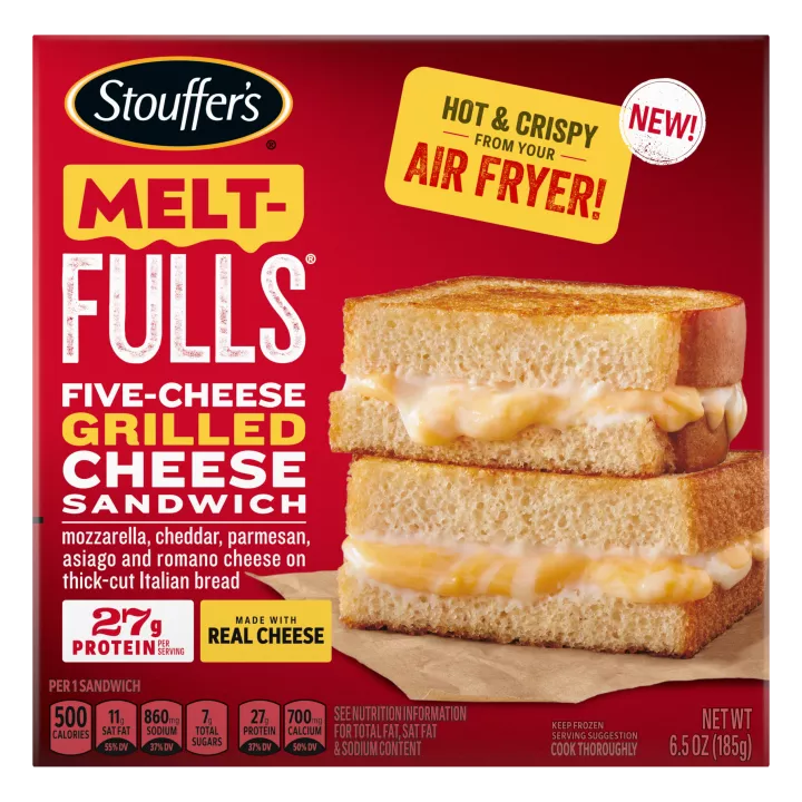 Front Center view of STOUFFER'S MELT-FULLS FIVE CHEESE GRILLED CHEESE 6.5oz Box NET WT 6.5 OZ (185 g) product.