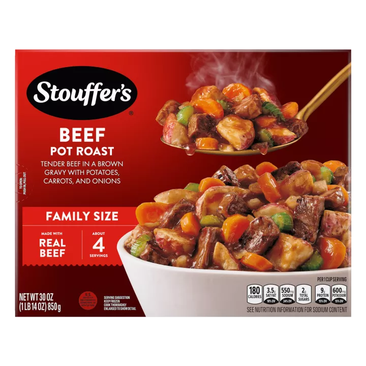 Box of Beef Pot Roast with image of meal on plate with made with real beef, ready in under 20 minutes, & family size badges.