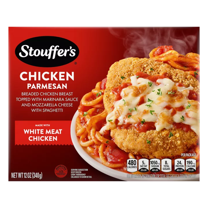 Box of Chicken Parmesan featuring a plate of spaghetti and chicken below the product name and STOUFFER'S logo.