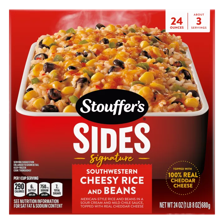 Box of Southwestern Cheesy Rice and Beans in red and white casserole dish with new! and made with 100% real cheese badges.
