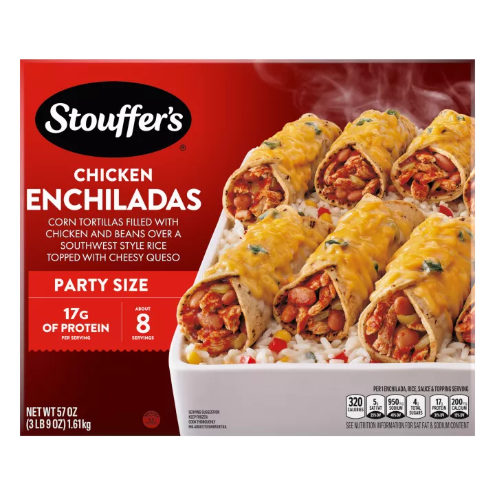 Box of Chicken Enchiladas with a dish of enchiladas beside forks & plates below the product name and "2x the Chicken" label.