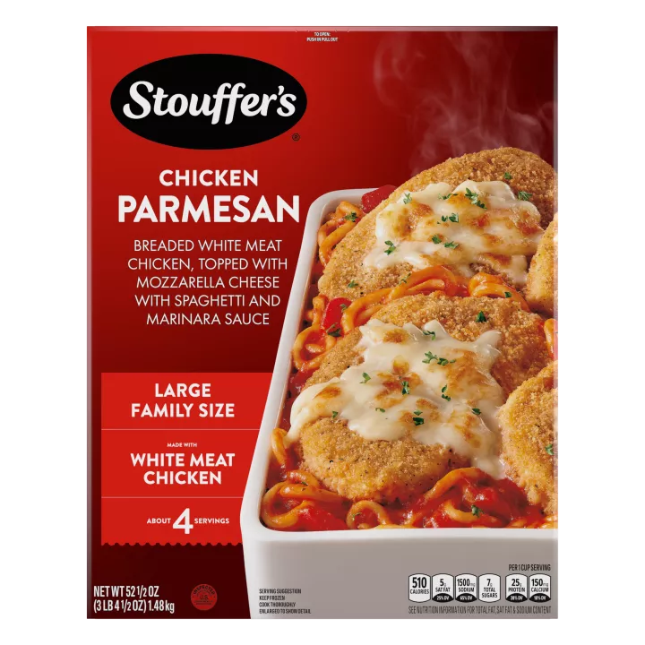 Box of Chicken Parmesan with a dish and plate of chicken and spaghetti below the product name and "25% MORE CHICKEN" label.