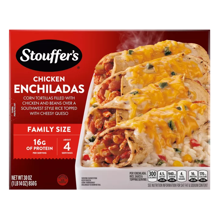 Box of Chicken Enchiladas with a plate & dish full of enchiladas and rice below the product name and "2x the Chicken" label.