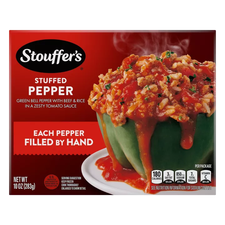 Box of Stuffed Pepper featuring a plate with a green pepper and beef below the product name and STOUFFER'S logo.