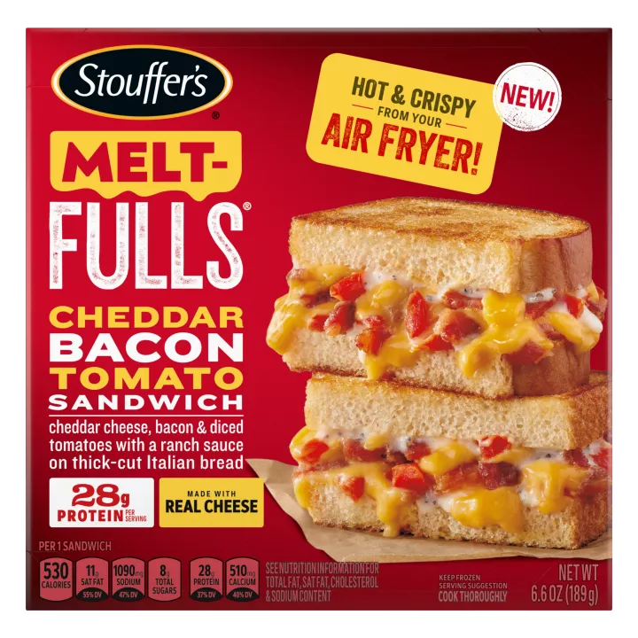 Box of Cheddar, Bacon & Tomato Melt-FULLS with hot & crispy from your air fryer and made with real cheese badges