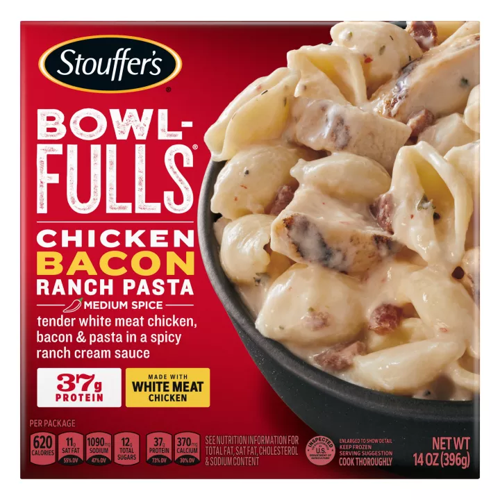 Box of Chicken Bacon Ranch Pasta Bowl-FULLS with a bowl of chicken and shells near the product name and "30g PROTEIN" label.