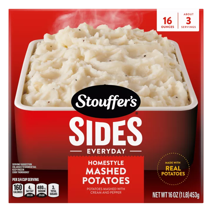 Box of Homestyle Mashed Potatoes with Stouffer’s Sides, new!, and made with real potatoes badges.