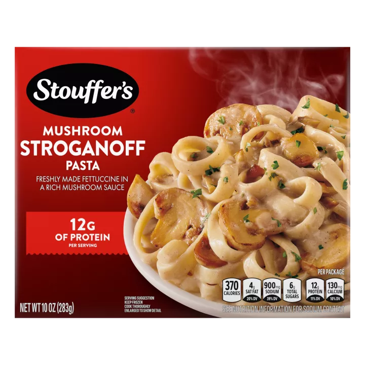 Front Center view of STOUFFER'S Mushroom Stroganoff Frozen Entrée 10oz Box NET WT 10 OZ (283 g) product.