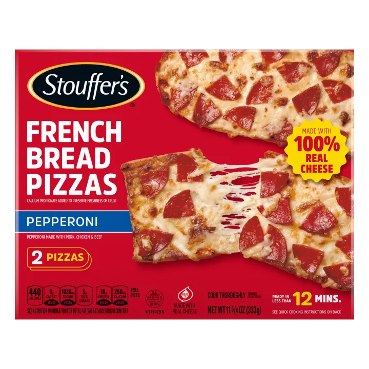Box of Pepperoni French Bread Pizza with 2 pieces beside a blue label, the product name and vintage STOUFFER'S logo.