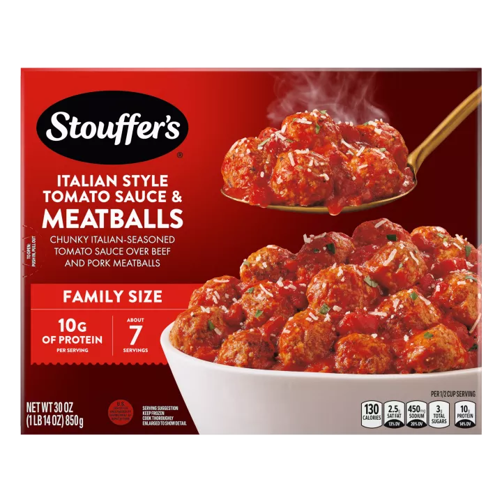 Box of Italian Style Tomato Sauce & Meatballs Family Size, 10 Grams Protein per Serving, and Ready in 20min badges.