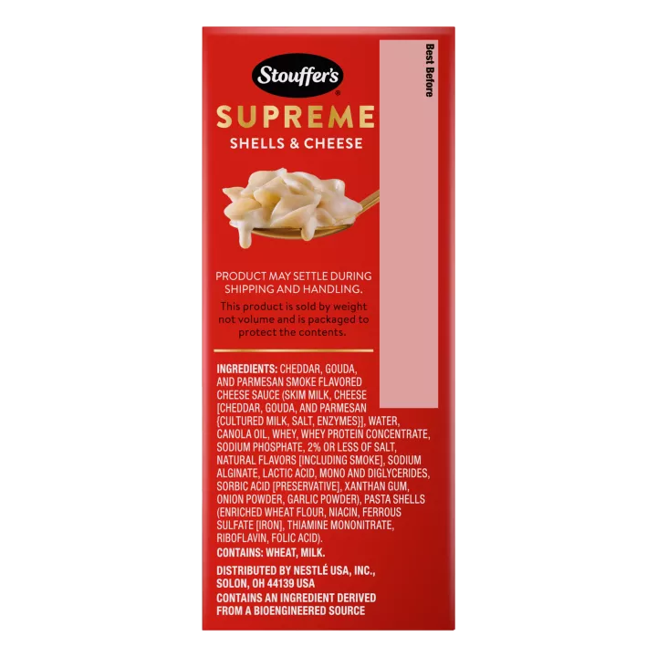 Front Right view of STOUFFERS THREE CHEESE SHELLS & CHEESE NET WT 12 oz (340 g) product.
