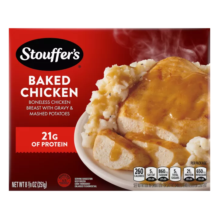 Box of Baked Chicken featuring a plate of chicken, mashed potatoes and gravy below the product name and STOUFFER'S logo.