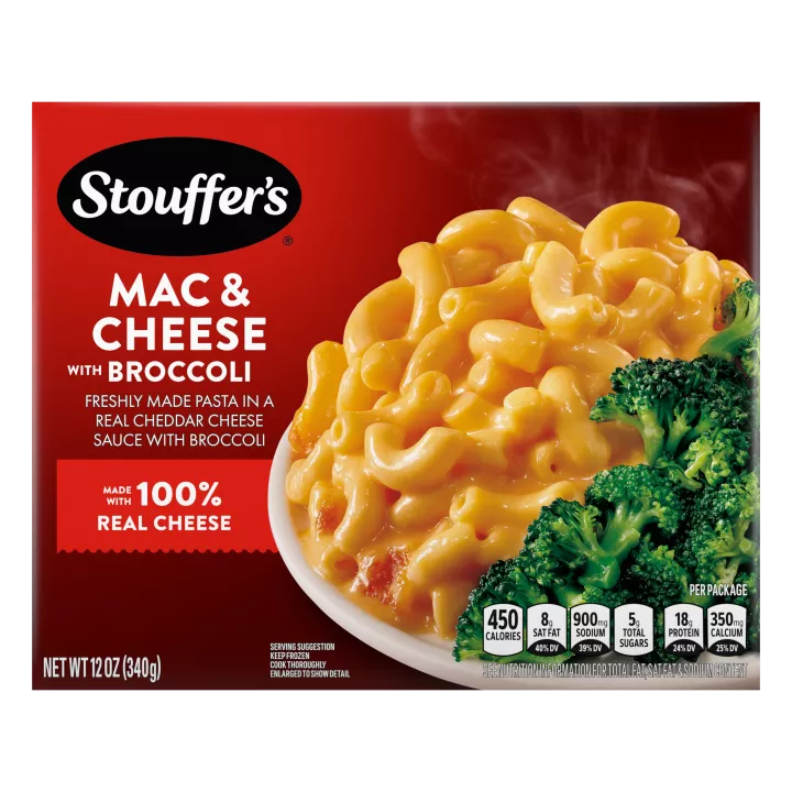 Box of Macaroni & Cheese with Broccoli featuring a plate of macaroni and broccoli below the product name and STOUFFER'S logo.