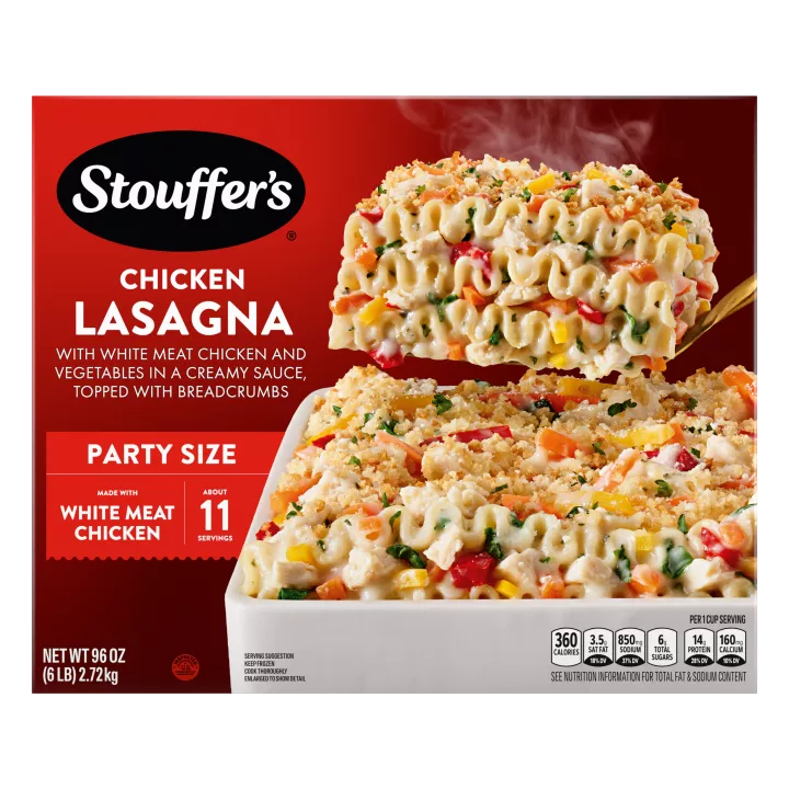 Box of Chicken Lasagna with a dish full of lasagna below the product name and "Roasted White Meat Chicken" label.