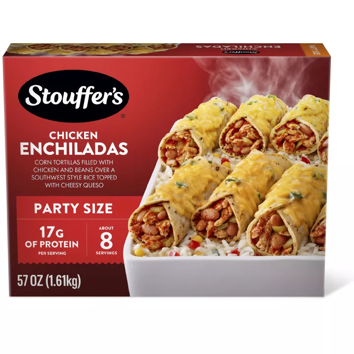 Box of Chicken Enchiladas with a dish of enchiladas beside forks & plates below the product name and "2x the Chicken" label.