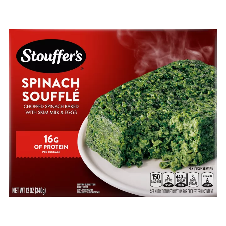Box of Spinach Soufflé with a plate of spinach soufflé under the product name and STOUFFER'S logo.