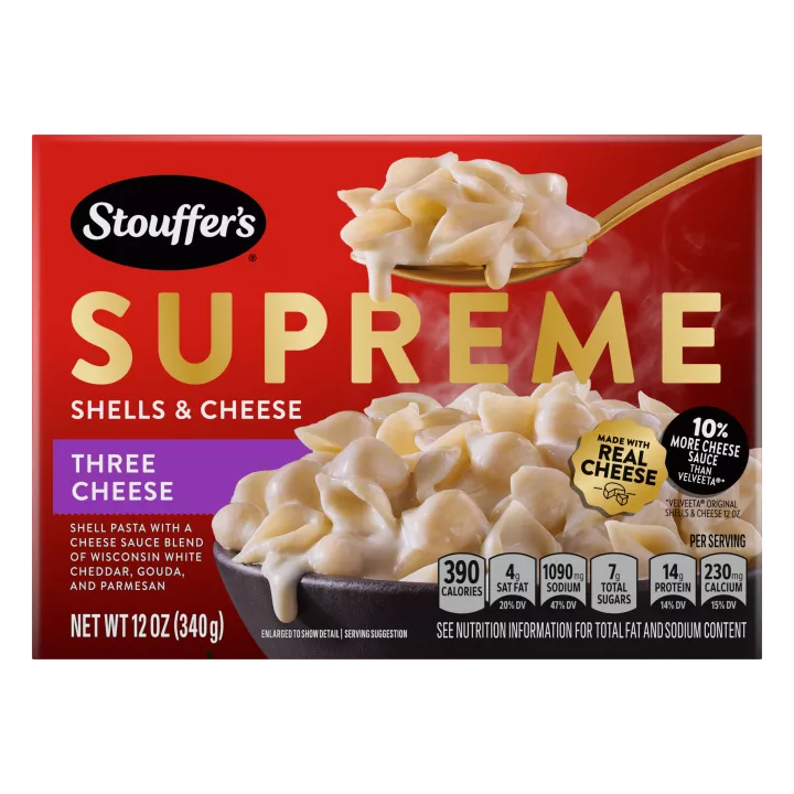 Front Center view of STOUFFERS THREE CHEESE SHELLS & CHEESE NET WT 12 oz (340 g) product.