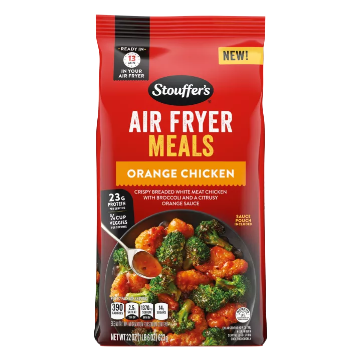 Front Center view of STOUFFER'S Air Fryer Orange Chicken Frozen Entrée NET WT 22 oz (1 lb 6 oz) 623 g product.