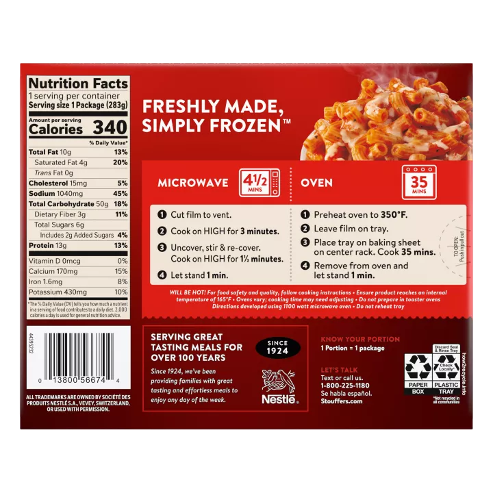 STOUFFER'S Frozen Meals Three Cheese Rigatoni with Tomato Sauce 10oz Box