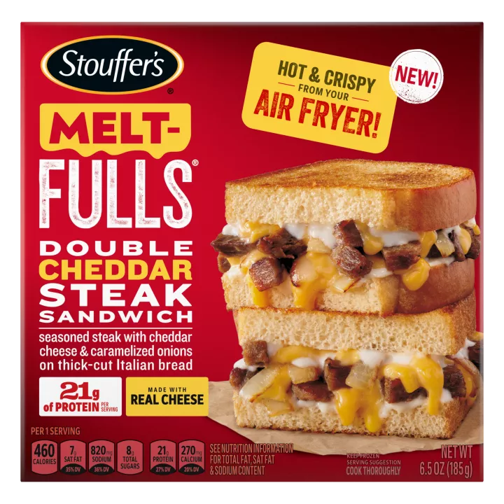Box of Double Cheddar Steak Melt-FULLS with hot & crispy from your air fryer and made with real cheese badges