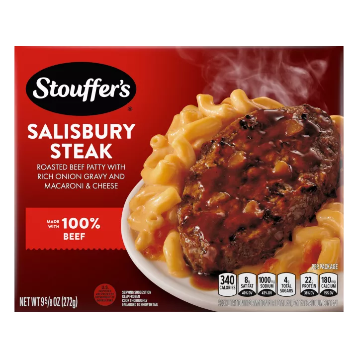 Box of Salisbury Steak featuring a plate of beef and macaroni below the product name and "100% PURE BEEF" label.